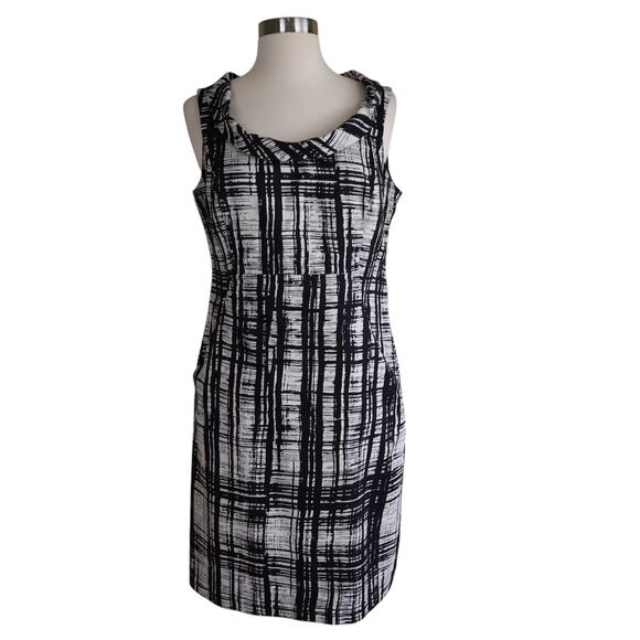 Ann Taylor Womens Cowl Neck Sheath‎ Dress Size 8 Black White Abstract Print Work - Picture 2 of 10
